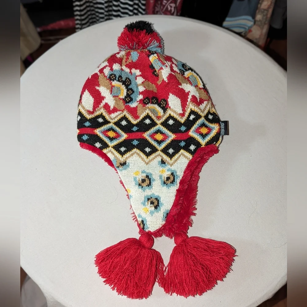 Muk Luks Faux Fur Lined Knit Tassel Hat with Ear Flaps Hot Pink - Picture 2 of 7